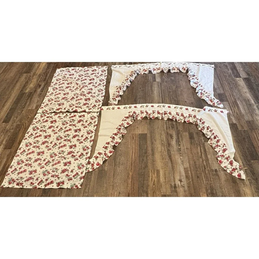 Vtg. Strawberry Apple Fruit Kitchen Cafe Curtains Valance Cottage Core Farmhouse